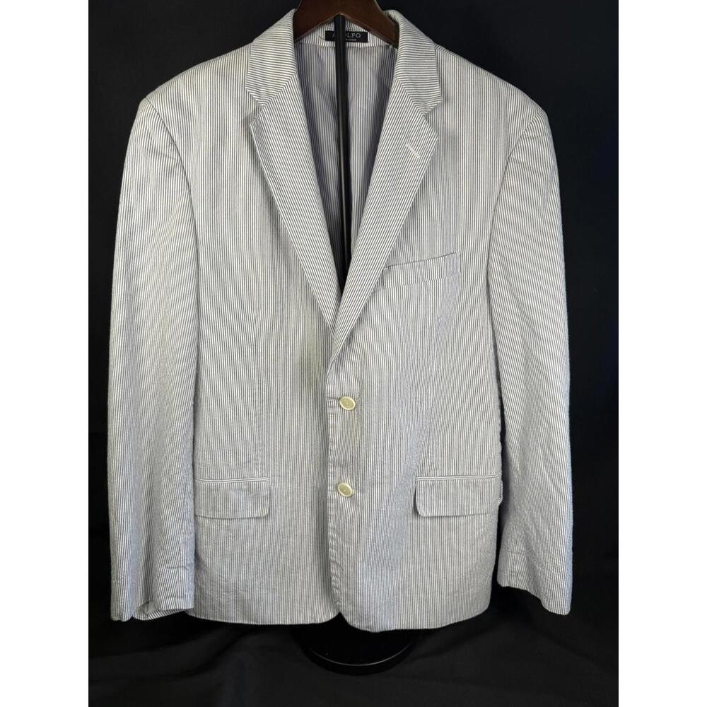 Adolfo Blazer Mens 40R Blue‎ White Seersucker Striped Two Button Sport Coat